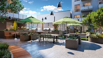 a rendering of an outdoor patio with tables and umbrellas